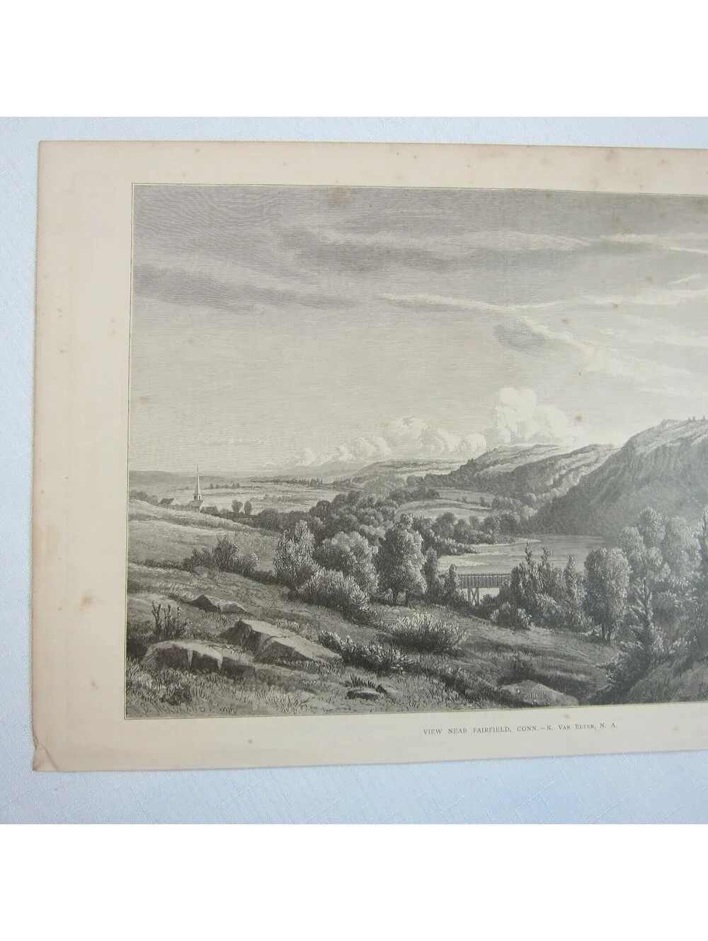Antique 1874 Wood Engraving Print View Near Fairfield, Conn. Kruseman van Elten